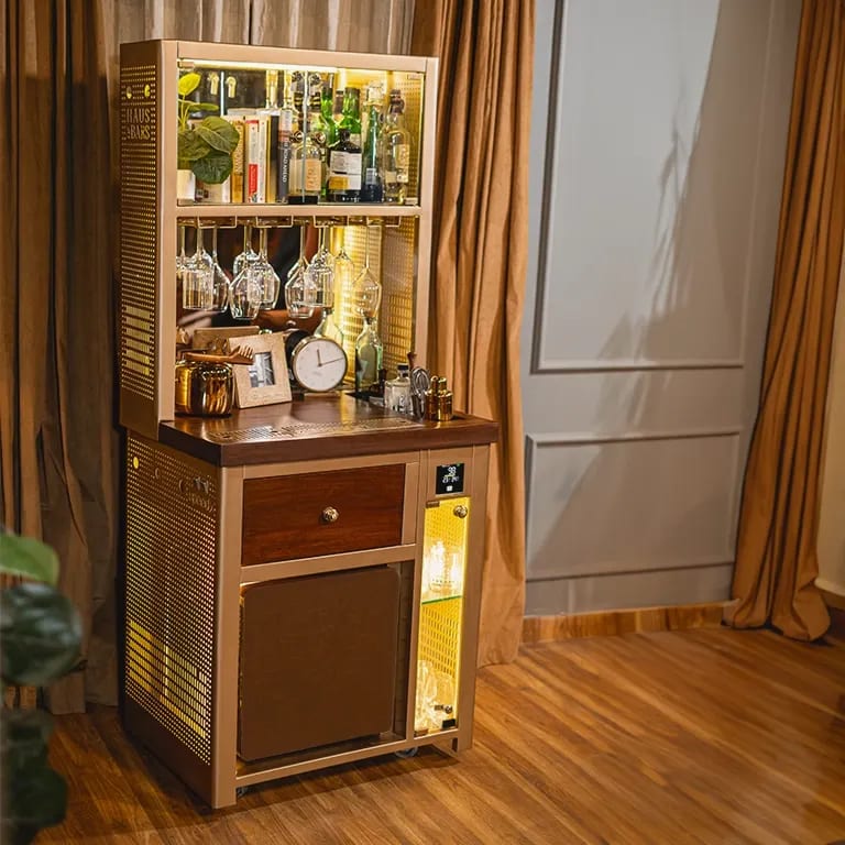 Storing Handmade Teak Wood Bar Cabinet Stylish Look for Wine, Liquor, Glasses ( Top Gold Lattice )