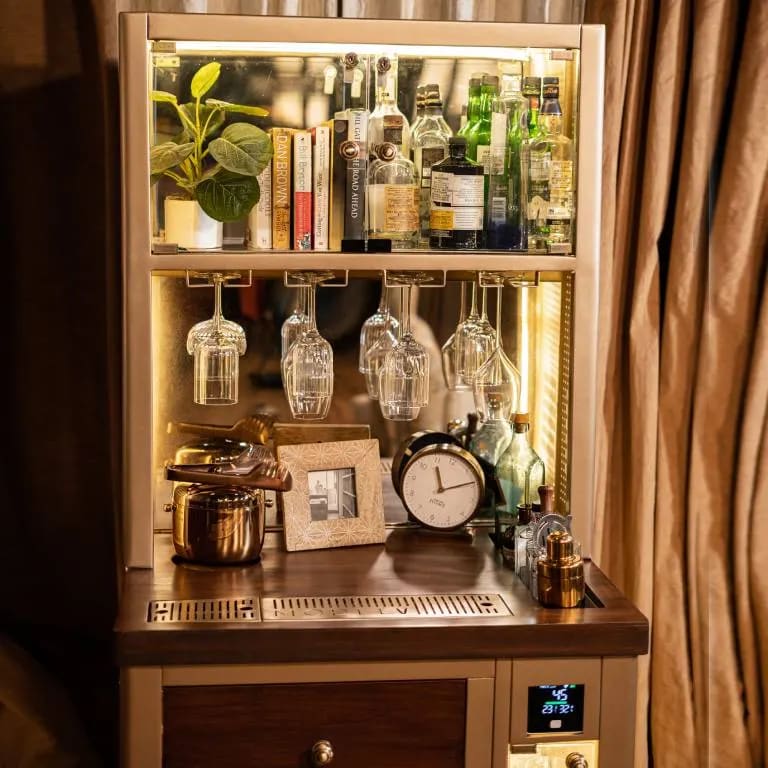 Storing Handmade Teak Wood Bar Cabinet Stylish Look for Wine, Liquor, Glasses ( Top Gold Lattice ), view 4