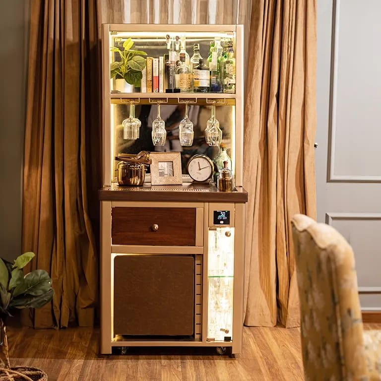 Storing Handmade Teak Wood Bar Cabinet Stylish Look for Wine, Liquor, Glasses ( Top Gold Lattice ), view 5
