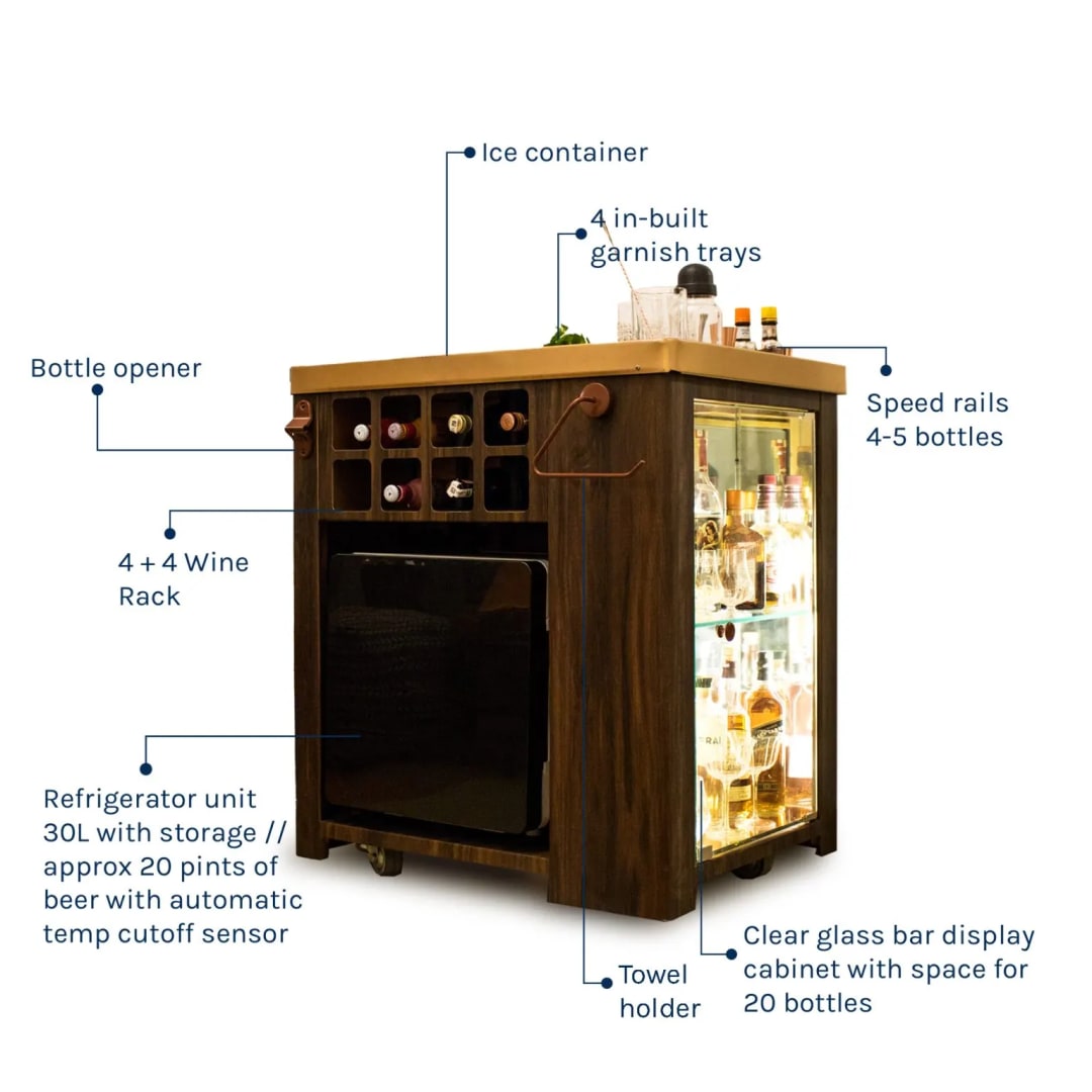 Storing Handmade Teak Wood Bar Cabinet Stylish Look for Wine, Liquor, Glasses ( Vinyl Finish & Matt Gold Finish ), view 4