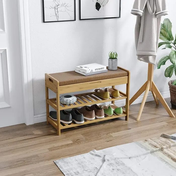 Stylish 3- Tier Organizer In Bamboo Wood Shoe Rack Bench with Cushion, view 2