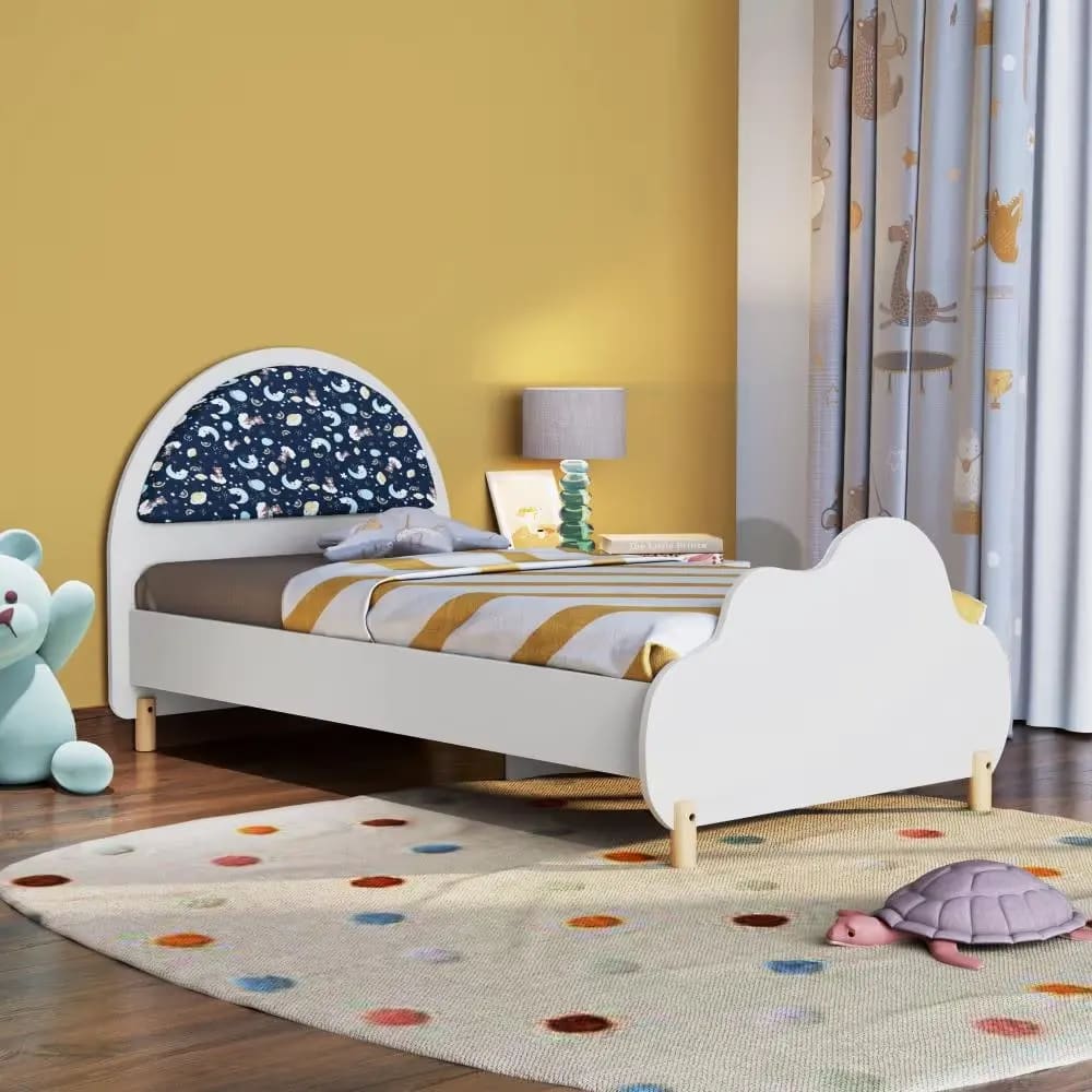 Sunbeam Blue Plush Look Teak Wood Without Storage Kids Bed for Girls and Boys