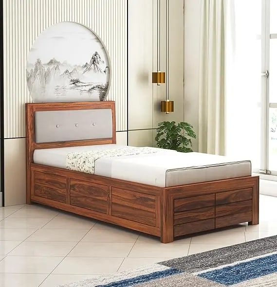 Teak Wood Box Storage Single Bed Palang With Natural Finish