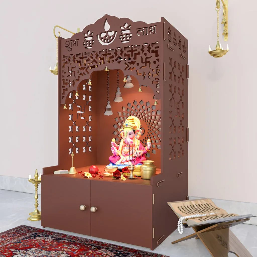 Carving Traditional Handmade Teak Wood Pooja Temple with Spacious Shelf & Inbuilt Focus Light for Daily Prayers (Brown), view 3