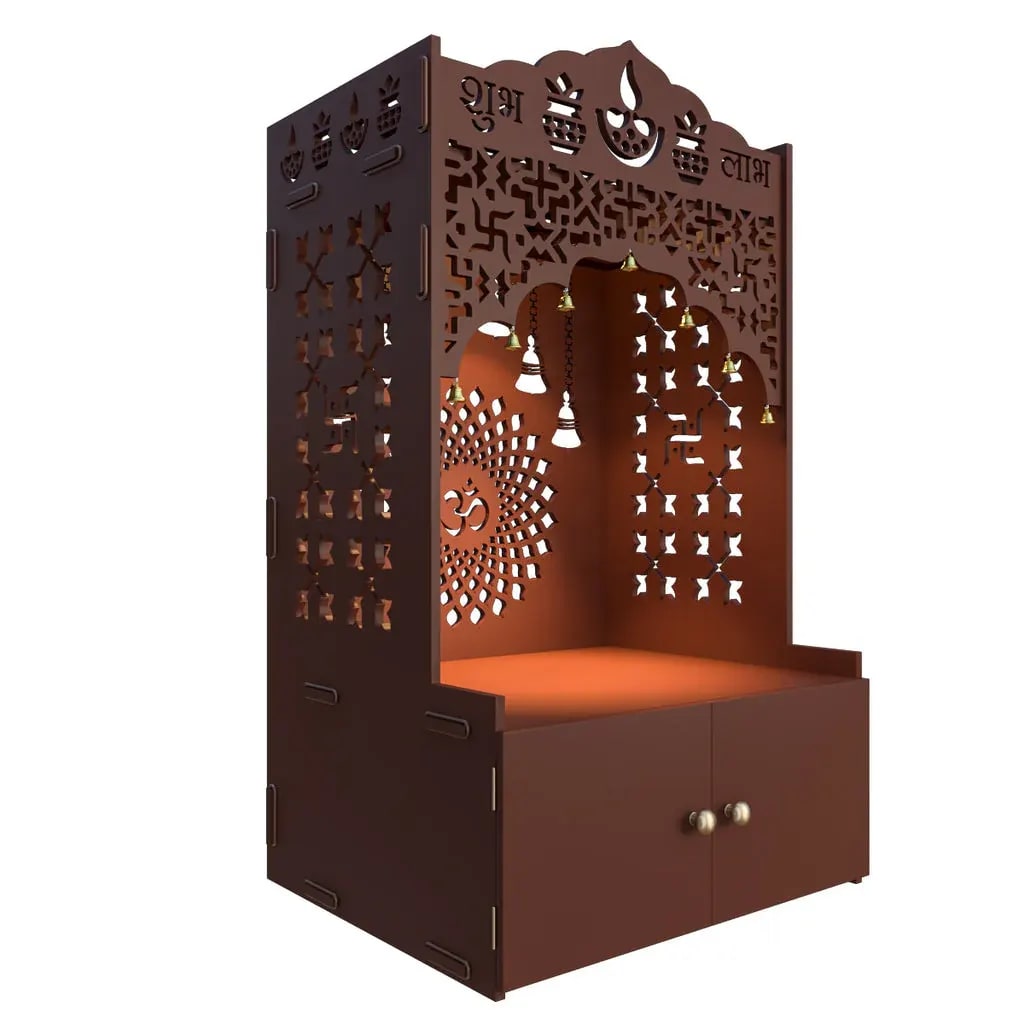 Carving Traditional Handmade Teak Wood Pooja Temple with Spacious Shelf & Inbuilt Focus Light for Daily Prayers (Brown), view 4