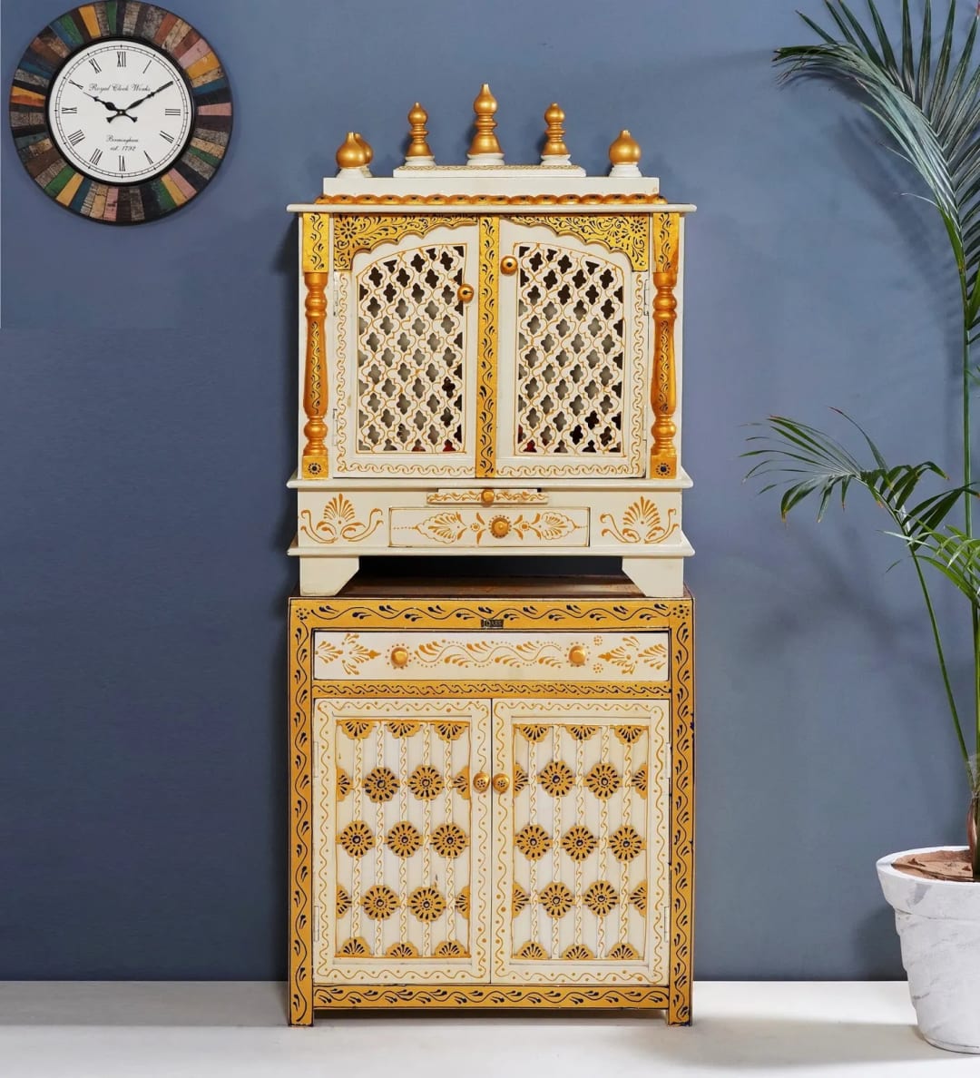 Mandap Traditional Handmade Teak Wood Pooja Temple with Storage for Daily Prayers (Antique White & Golden)