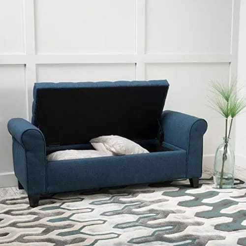 Upholstered Flip top Storage Bench 2 Seater Sofa Couch Pouffe Storage Ottoman (Blue) 2-Person Sofa, (TEAK Wood), view 4