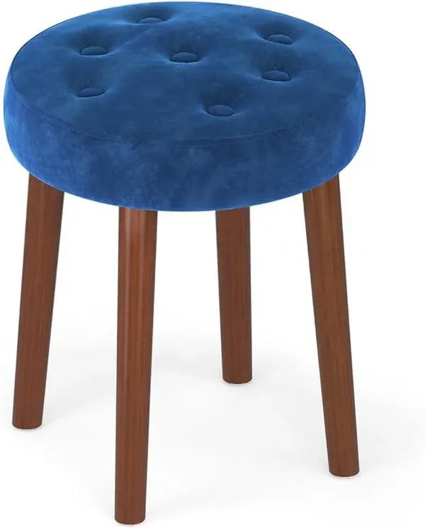 Vanity Tufted Design Round Stool, Upholstered Soft Velvet Dressing Table Stool ( Blue ), view 4