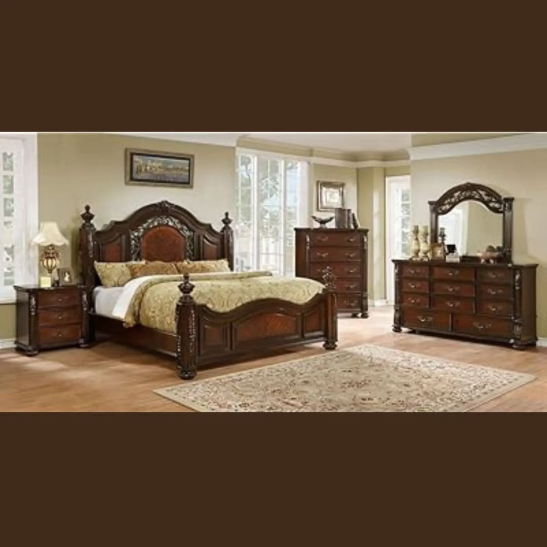 Verona European Style Hand Carved Teak Wood King Size Bed Furniture Set Luxury with Intricate Carvings for Elegant Bedroom