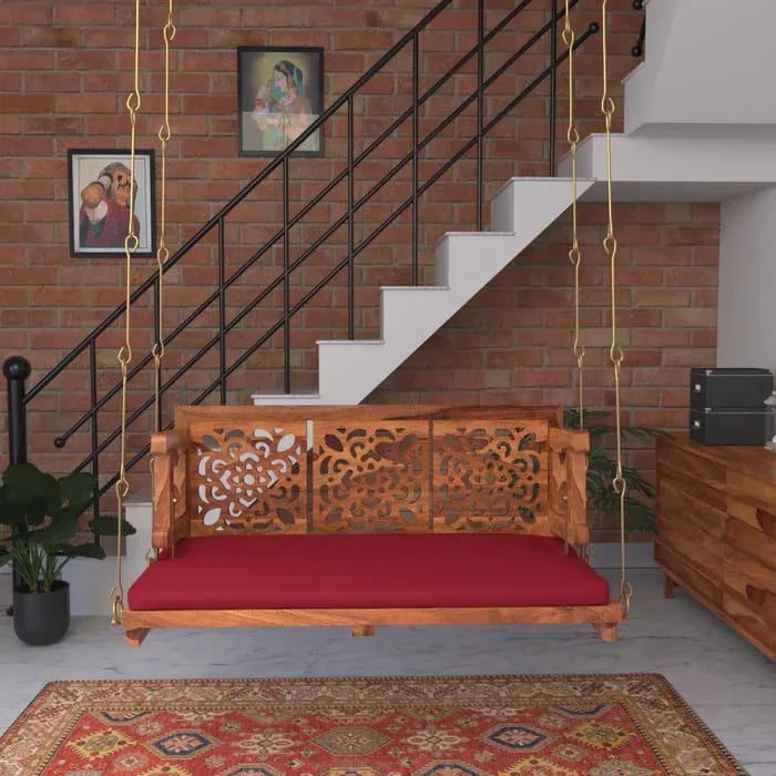 Vintage Carved Back Designed Red Upholstery Handmade Teak Wood Swing Patio Hammock Jhula Traditional Style