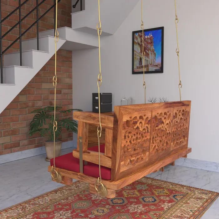 Vintage Carved Back Designed Red Upholstery Handmade Teak Wood Swing Patio Hammock Jhula Traditional Style, view 3
