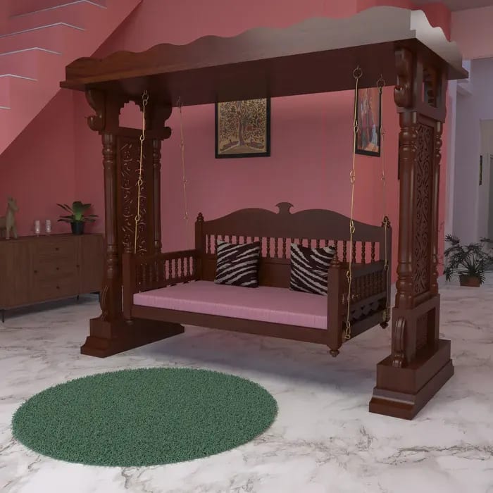 Vintage Hand Carved Swing, Hammock, Jhula, Cradle 3 Seater (Walnut Finish)