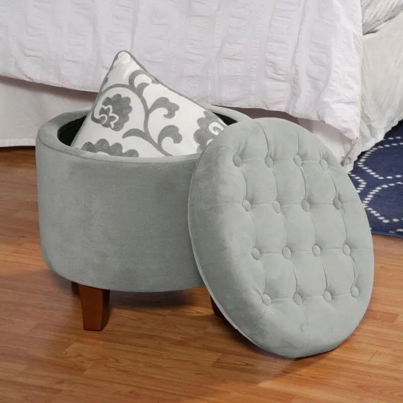 Wide Tufted Round Storage Ottoman with Storage (Grey), view 2