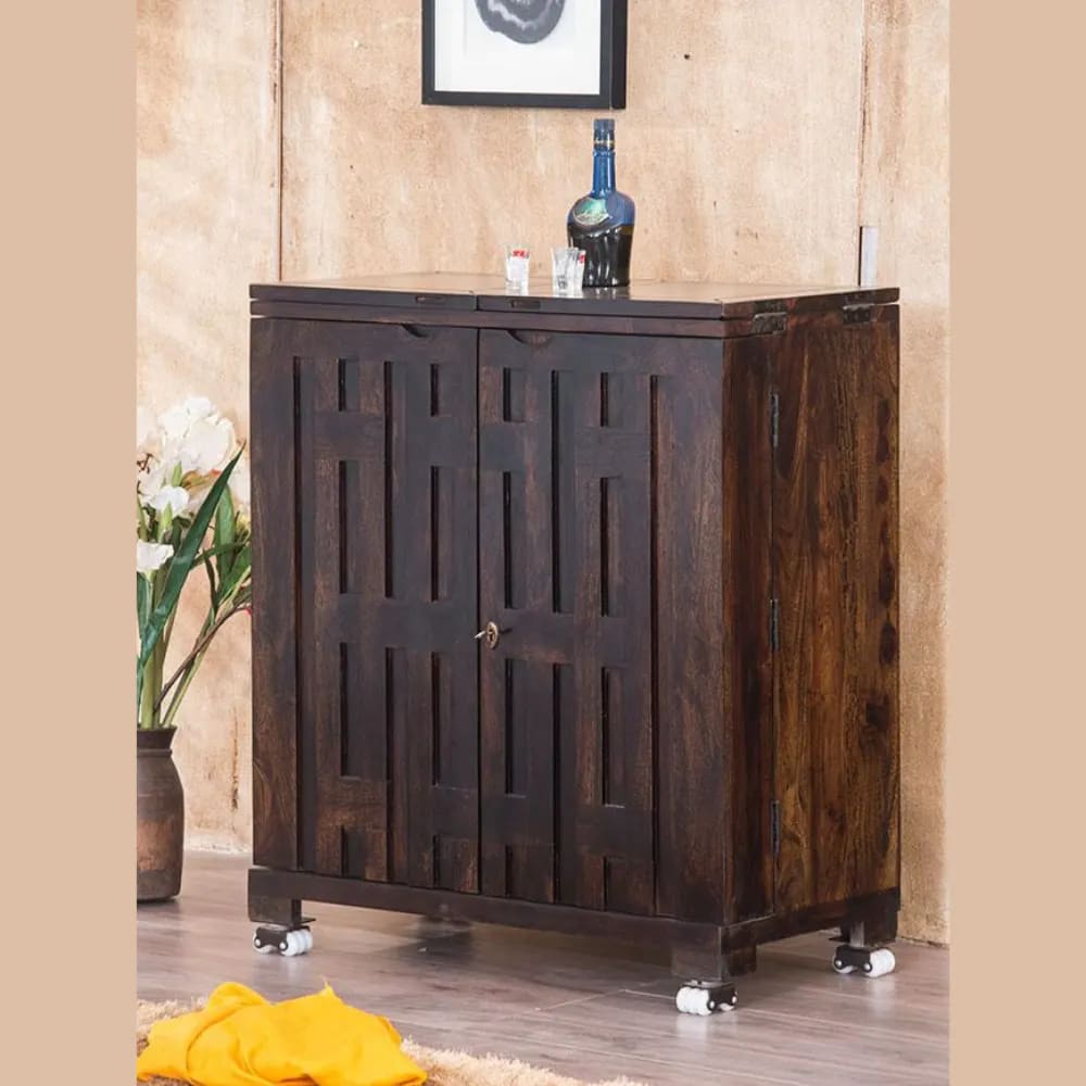 Willy Storing Handmade Teak Wood Bar Cabinet Stylish Open Doors Look for Wine, Liquor, Glasses ( Walnut Finish ), view 3