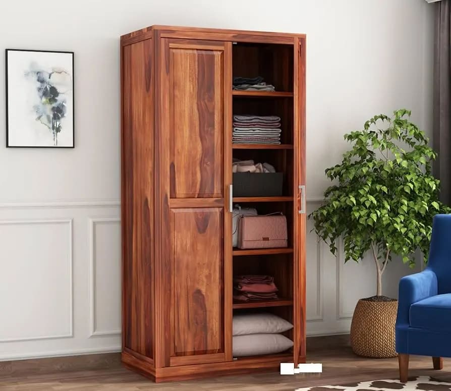 Wooden 2 Door Wardrobe with 6 Shelves (Natural, Honey Finish)