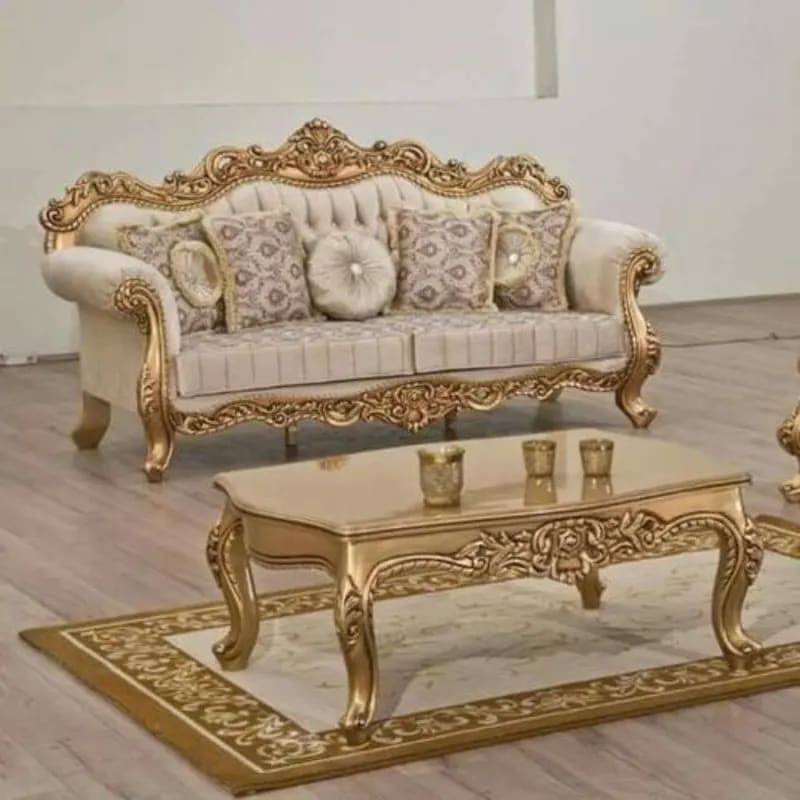Wooden Carved Teak Wood Antique Maharaja Sofa Set Handcrafted Luxury Living Room