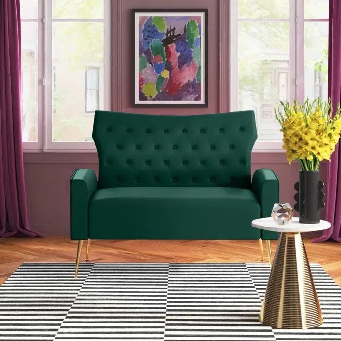 Wooden Square Arm Loveseat Wing Back Chair Set 2+1+1 with Metal Legs ( Green ), view 2