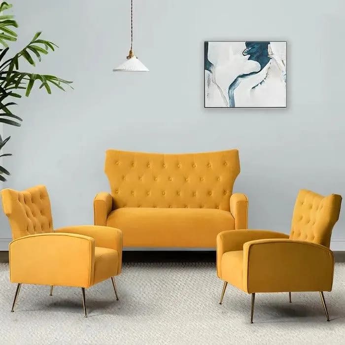 Wooden Square Arm Loveseat Wing Back Chair Set 2+1+1 with Metal Legs ( Yellow )