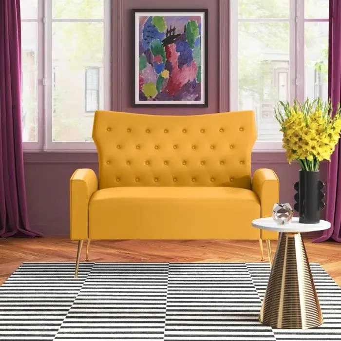 Wooden Square Arm Loveseat Wing Back Chair Set 2+1+1 with Metal Legs ( Yellow ), view 2