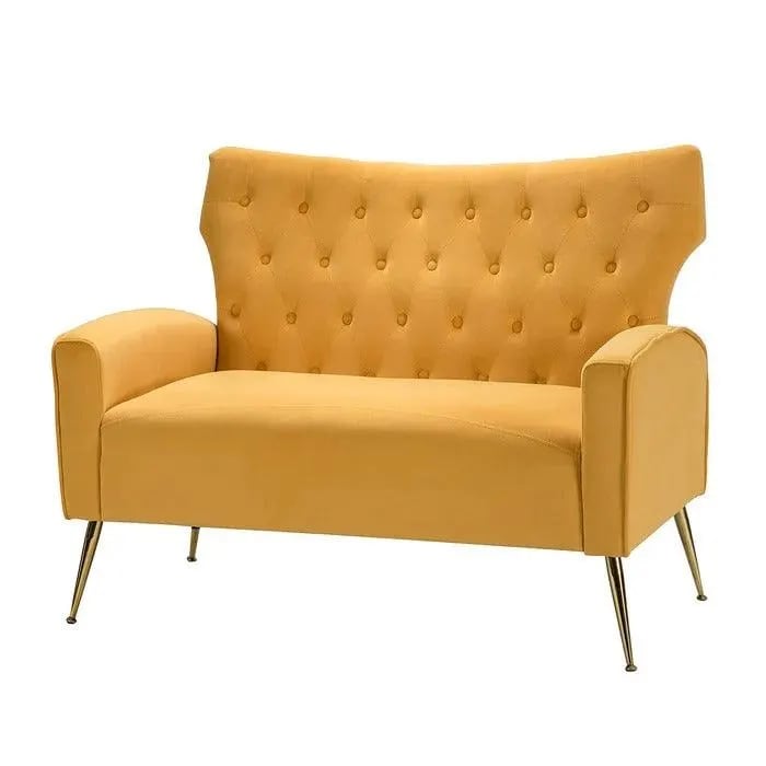 Wooden Square Arm Loveseat Wing Back Chair Set 2+1+1 with Metal Legs ( Yellow ), view 3