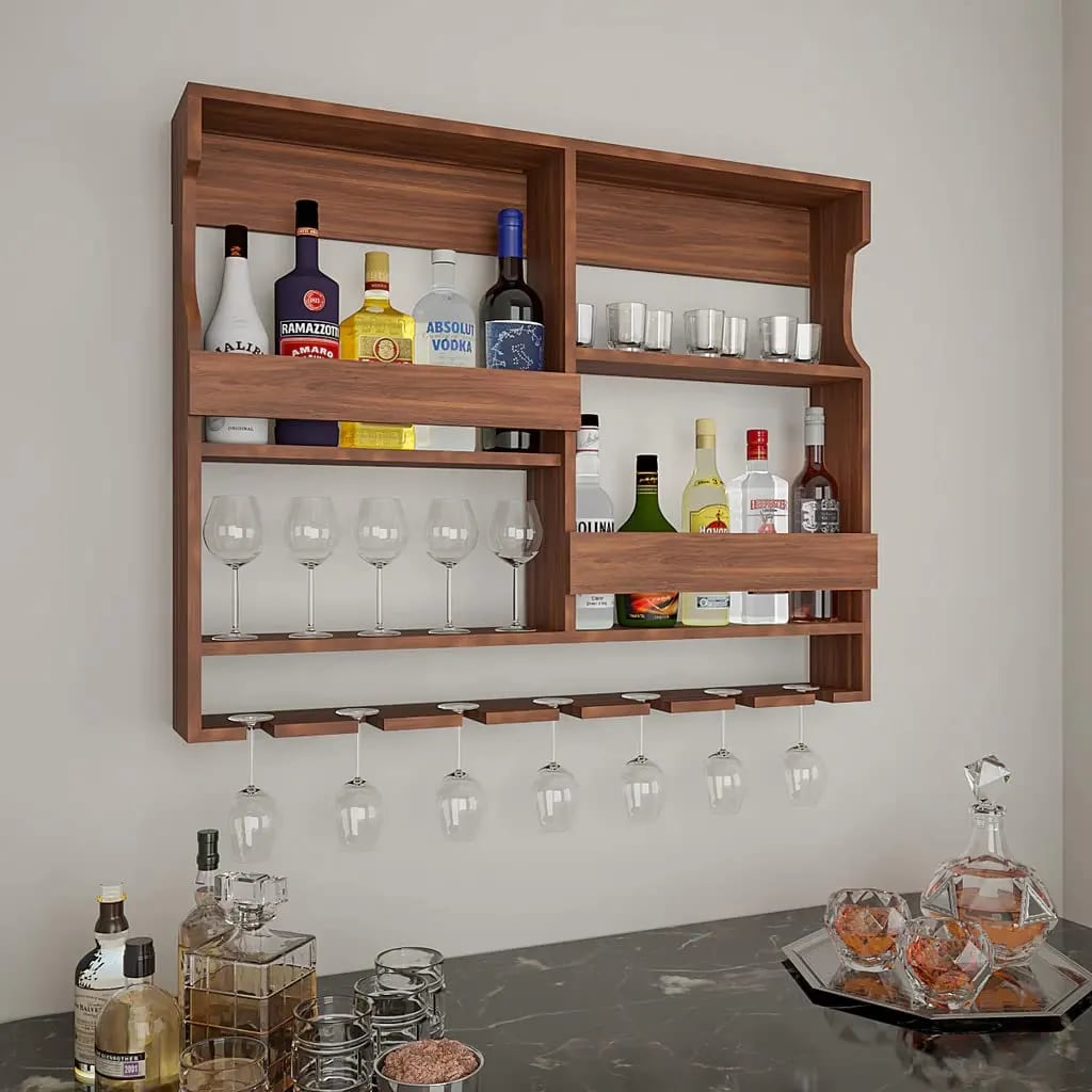 Wooden Wall Mounted Wine Rack, Bar Cabinet with Glass Storage, Wall Hanging Mini Bar for Home Wine Rack/Holder Upside Down Glass Hanging Organizer, view 2