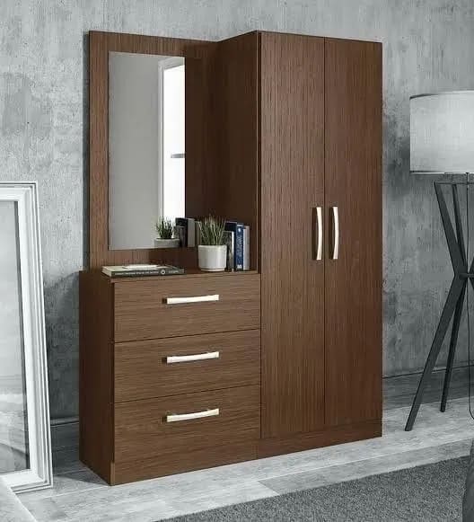 Wooden Wardrobe with Dressing Table & Mirror in Walnut Finish
