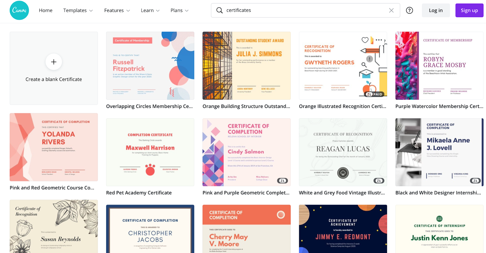 Canva templates and drag and drop design tools for certificates