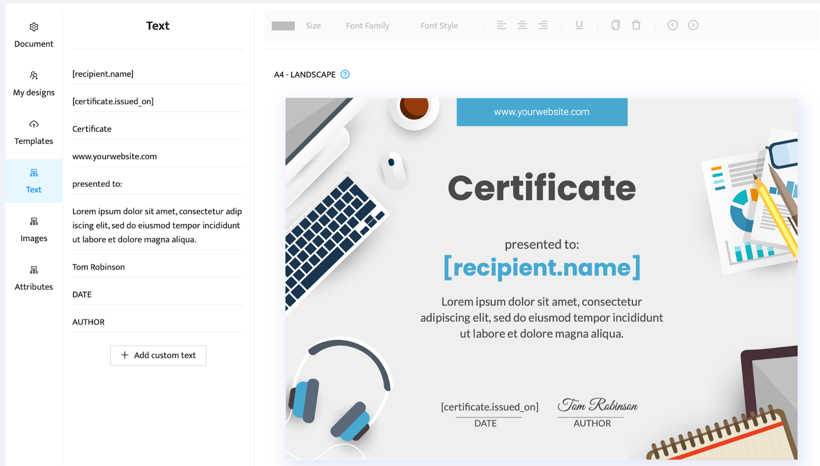 Certificate with custom text Certificate with custom text