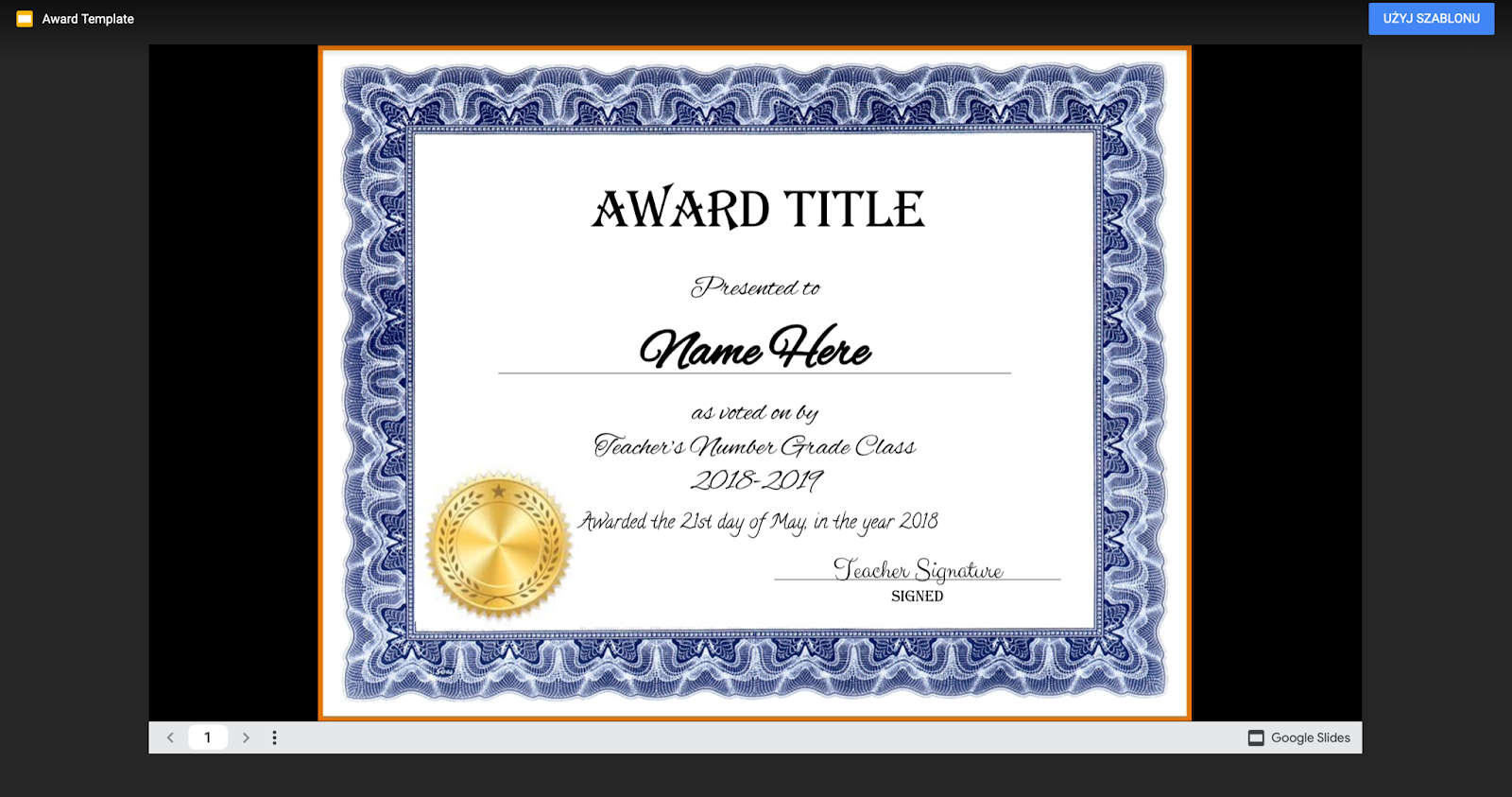 Google Slide Certificate blue template Google Slide Certificate blue template