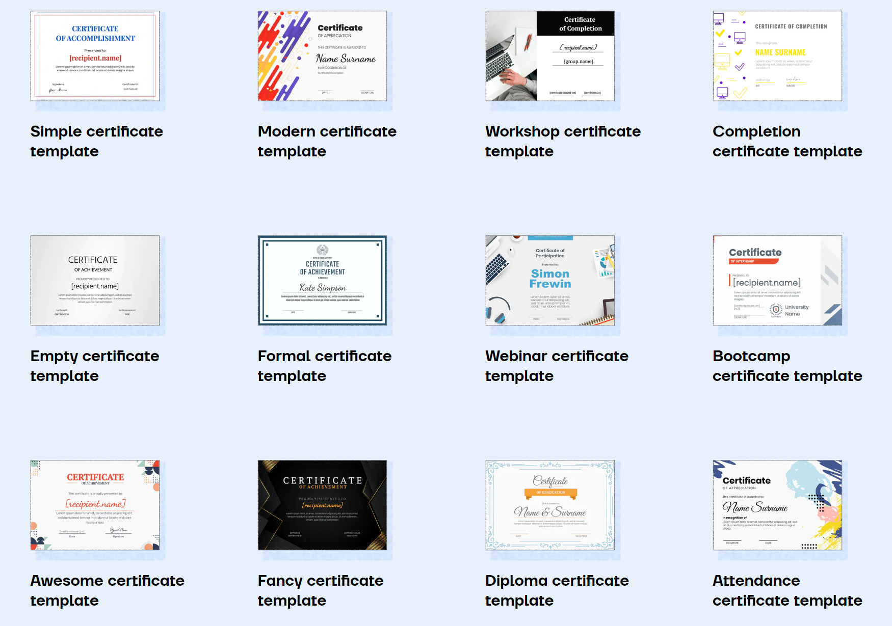 Certifier templates for different types of certificates. Certifier templates for different types of certificates.