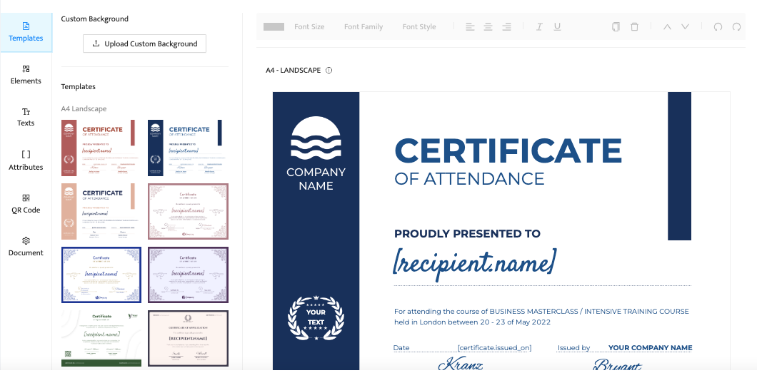 Certifier dashboard and choosing certificate background design template.