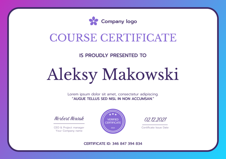 Course Simple and bright course certificate template