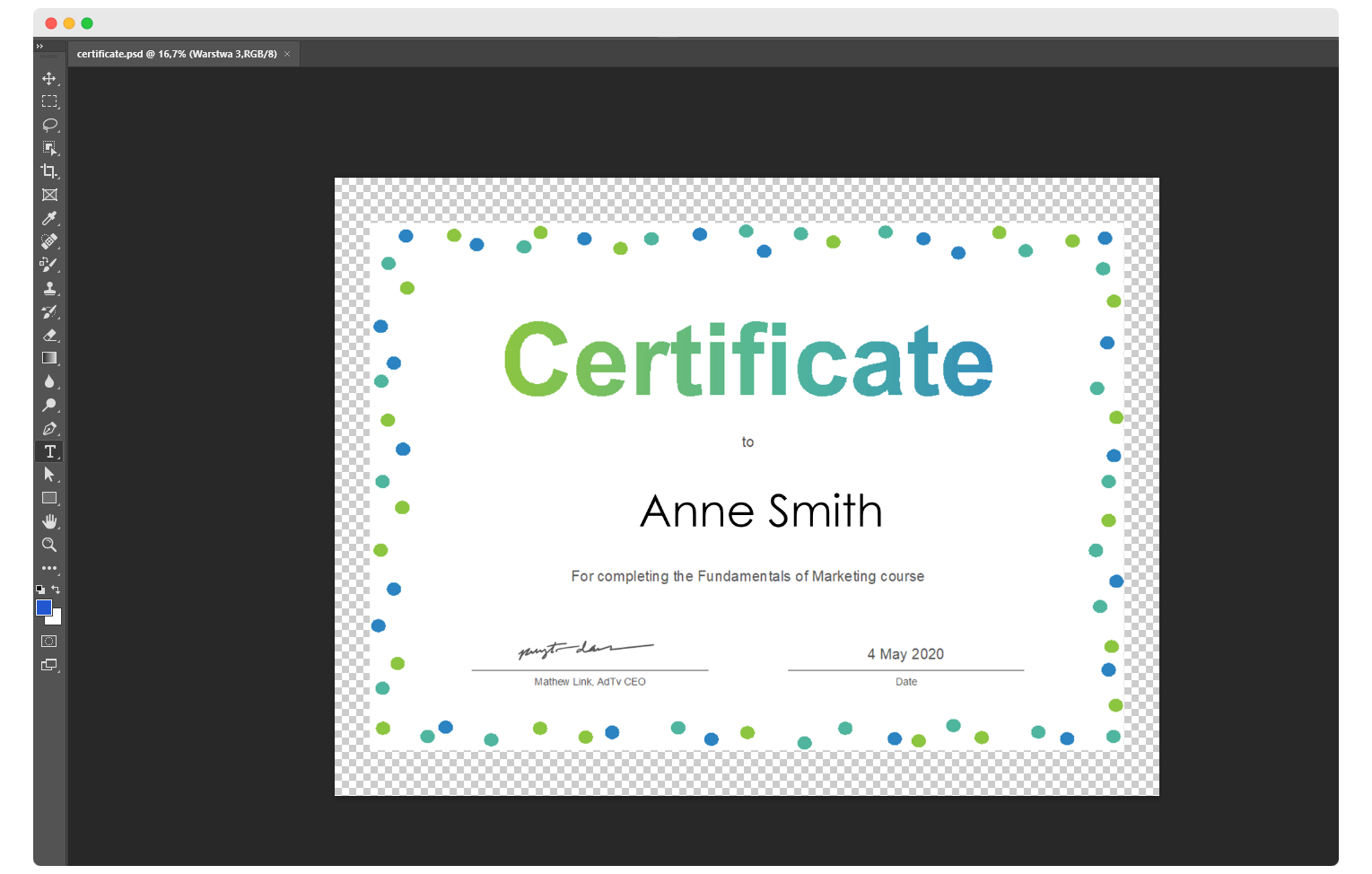 Generating multiple certificates with different names via Photoshop. Generating multiple certificates with different names via Photoshop.