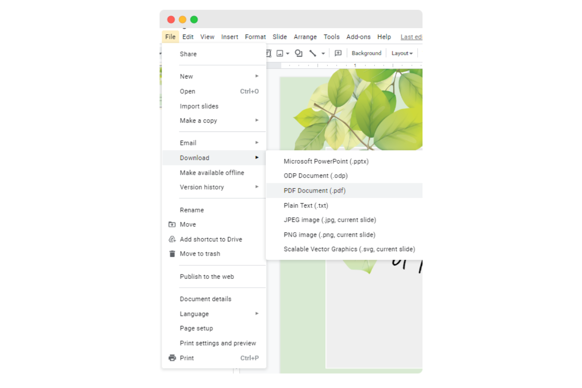 Downloading Google Slides certificate design to PDF. Downloading Google Slides certificate design to PDF.