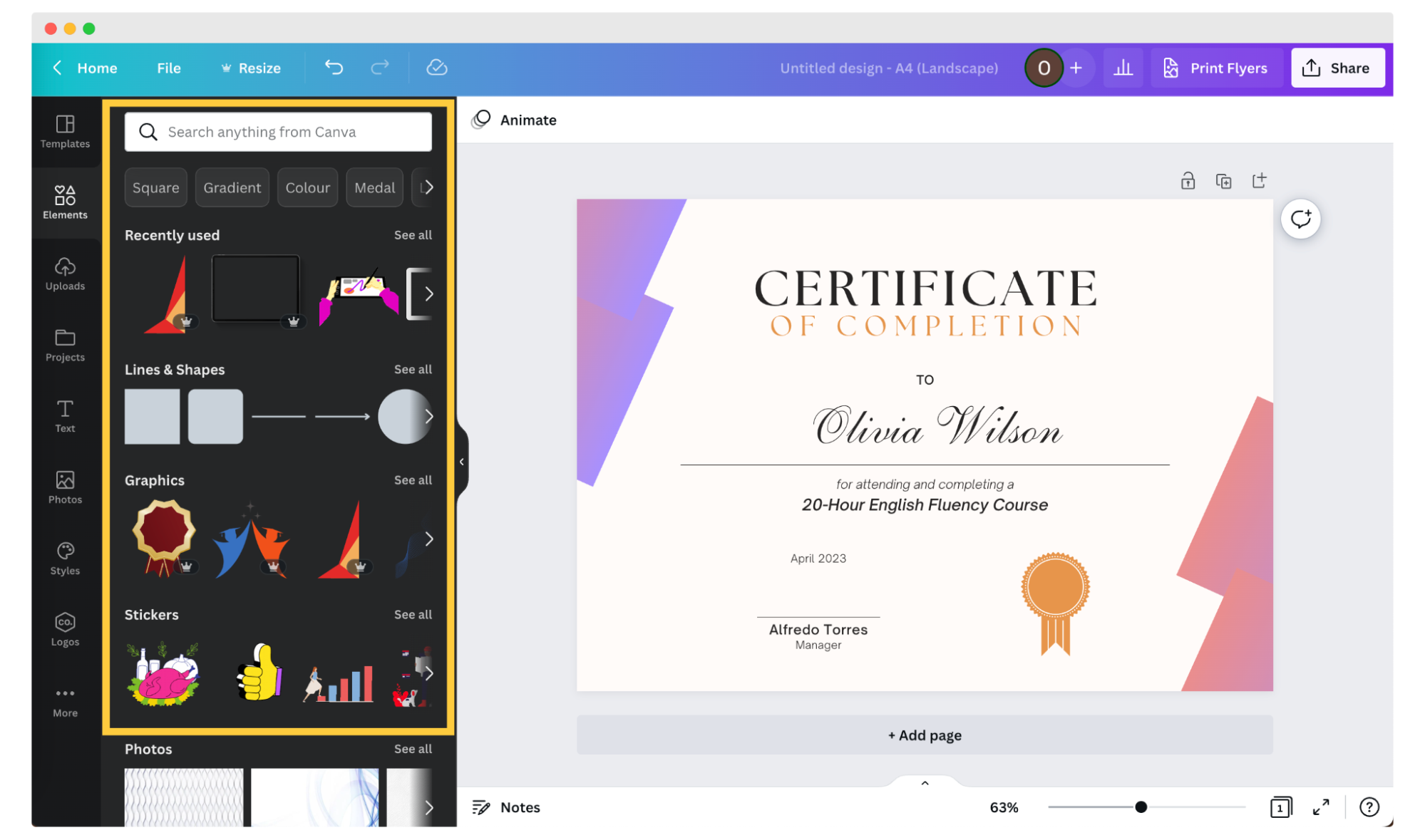 Picture showing elements to choose from in Canva.