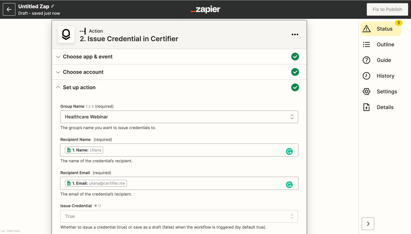 Certifier x Zapier - fields in the action section Certifier x Zapier - fields in the action section