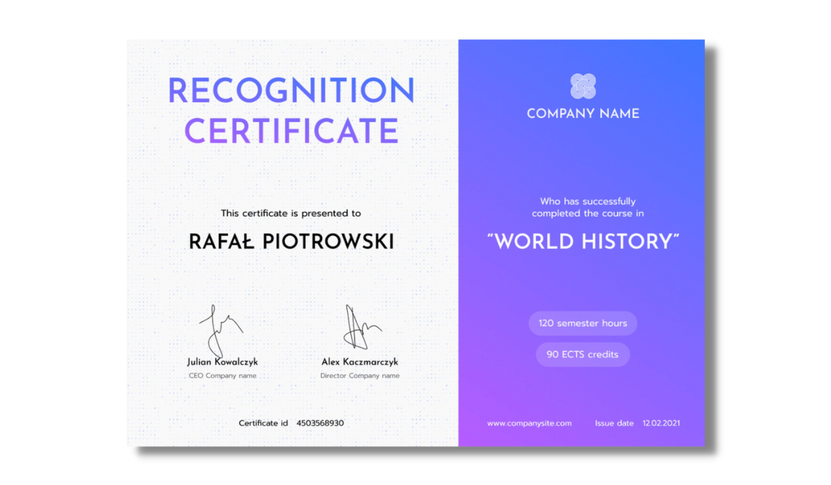 Violet-blue recognition certificate template from Certifier free certificate templates library. Violet-blue recognition certificate template from Certifier free certificate templates library.