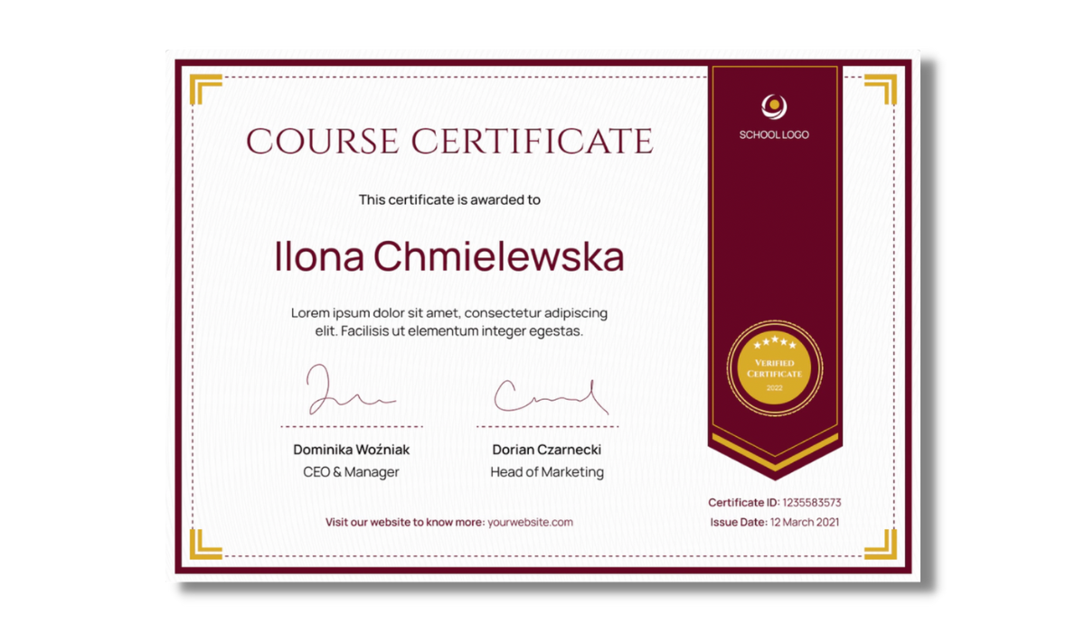 Burgund course certificate template with golden elements Certificate of appreciation template with classic colors from Certifier free certificate templates library. Burgund course certificate template with golden elements Certificate of appreciation template with classic colors from Certifier free certificate templates library.
