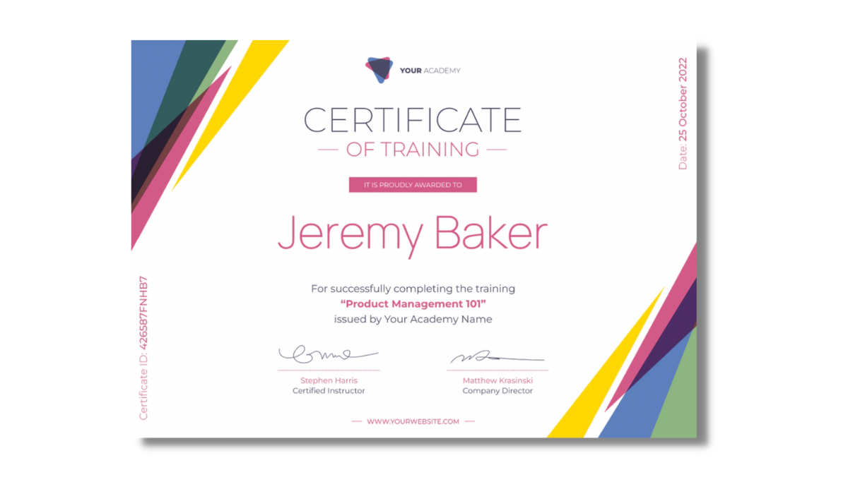 Simple certificate of training with colourful elements from Certifier free certificate templates library. Simple certificate of training with colourful elements from Certifier free certificate templates library.