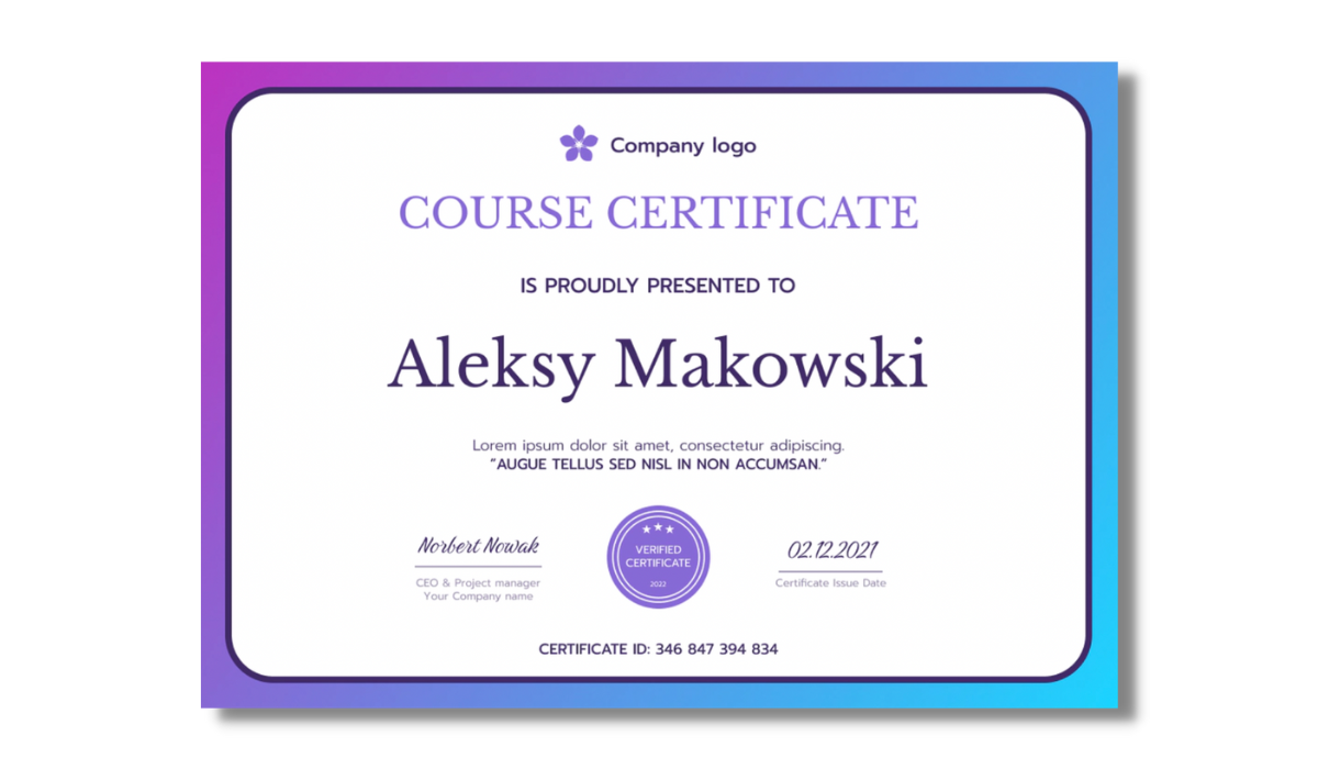Violet-blue gradient course certificate template from Certifier free certificate templates library. Violet-blue gradient course certificate template from Certifier free certificate templates library.