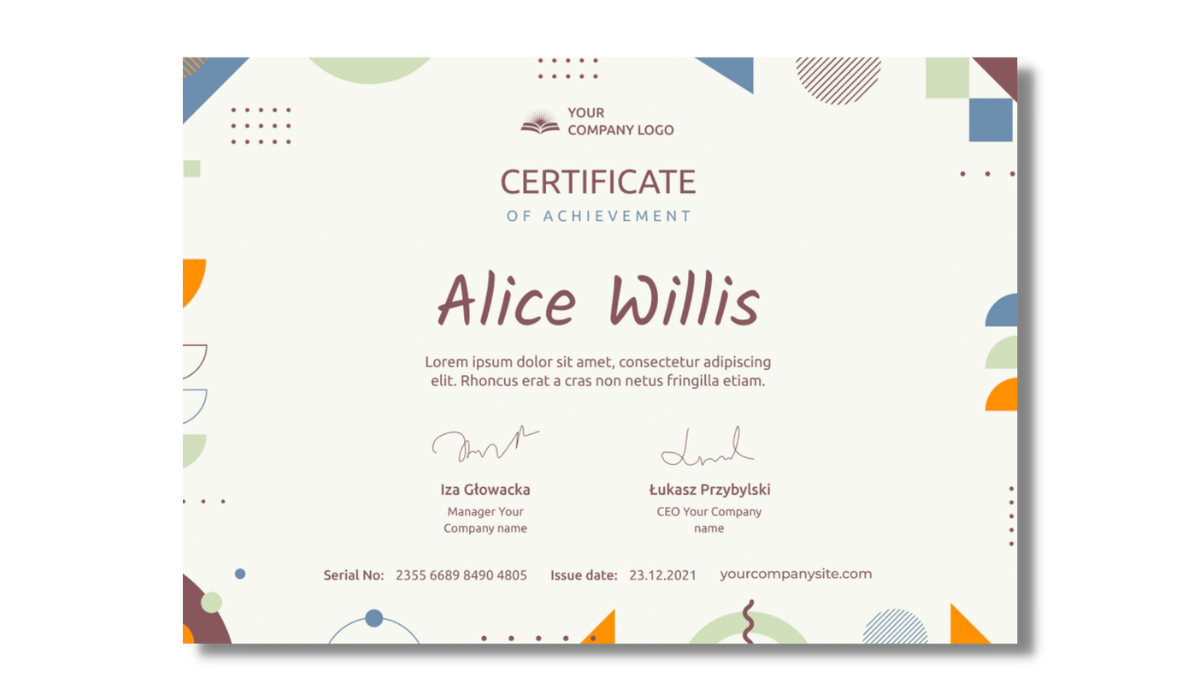 Certificate of achievement with geometrical elements from Certifier free certificate templates library. Certificate of achievement with geometrical elements from Certifier free certificate templates library.