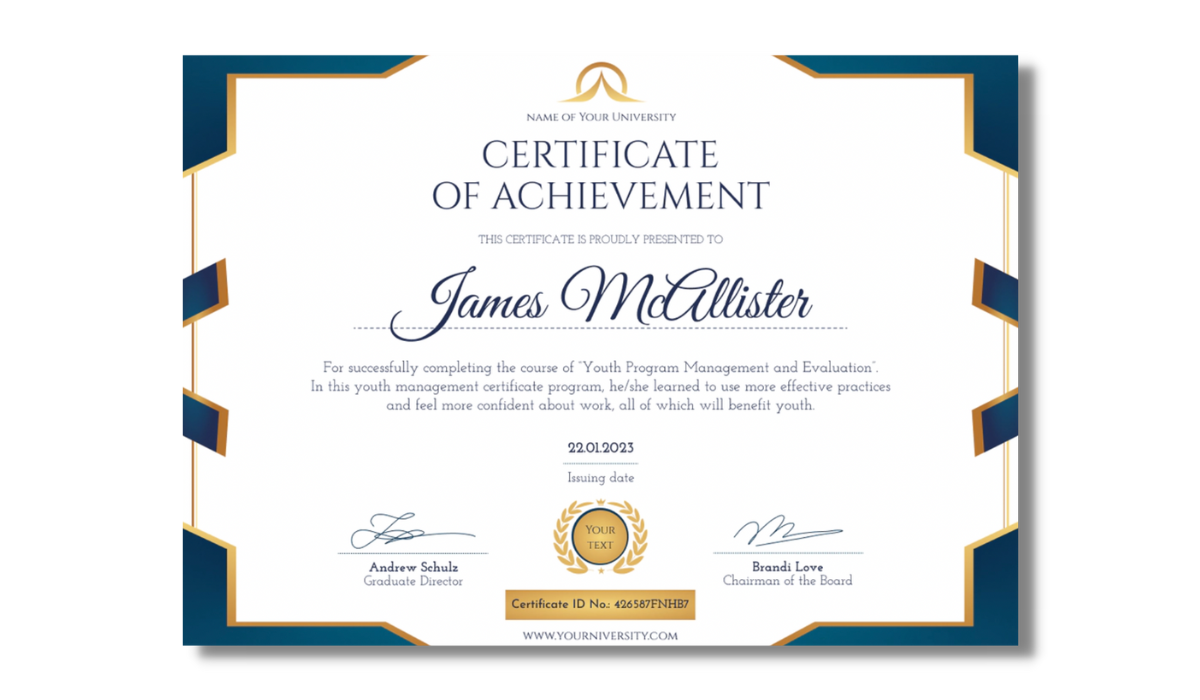 Blue and gold certificate of achievement template from Certifier free certificate templates library. Blue and gold certificate of achievement template from Certifier free certificate templates library.