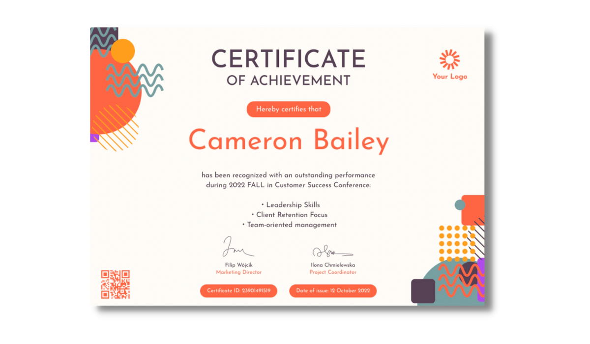 Certificate of achievement with colorful elements from Certifier free certificate templates library. Certificate of achievement with colorful elements from Certifier free certificate templates library.