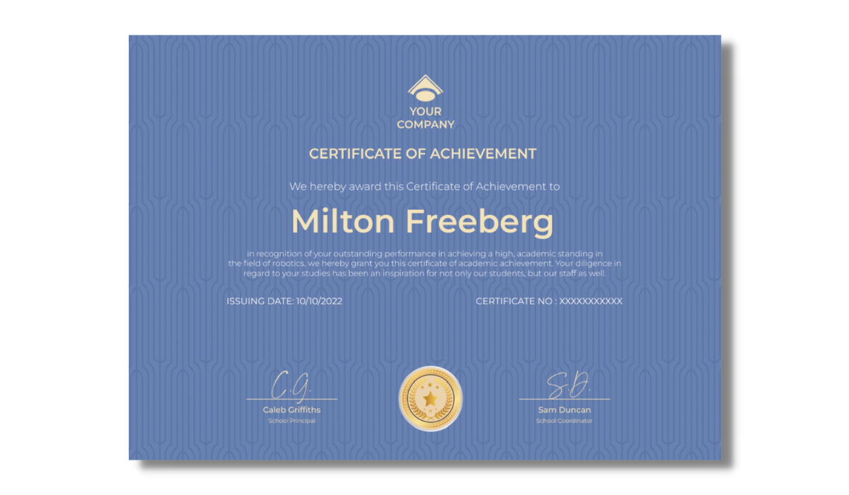 Light blue with golden elements certificate template from Certifier library of templates. Light blue with golden elements certificate template from Certifier library of templates.