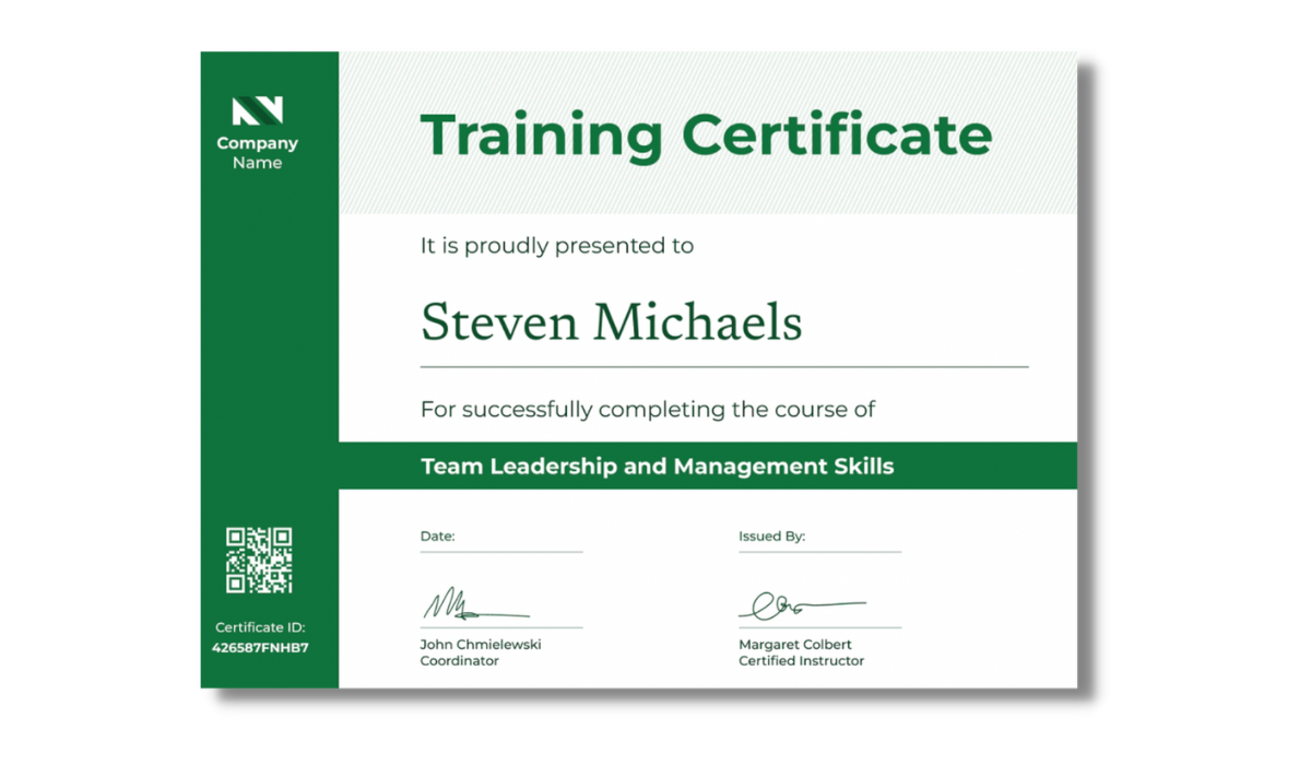 Green modern training certificate from Certifier free certificate templates library. Green modern training certificate from Certifier free certificate templates library.