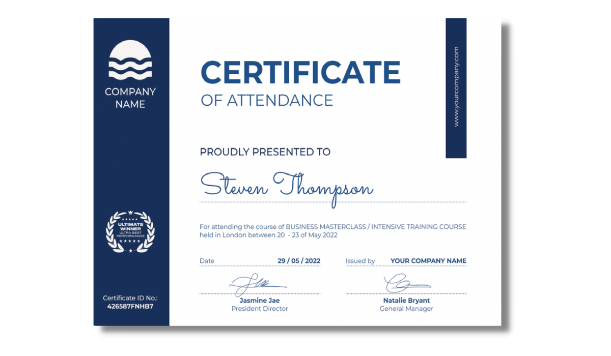 Blue certificate of attendance from Certifier free certificate templates library. Blue certificate of attendance from Certifier free certificate templates library.