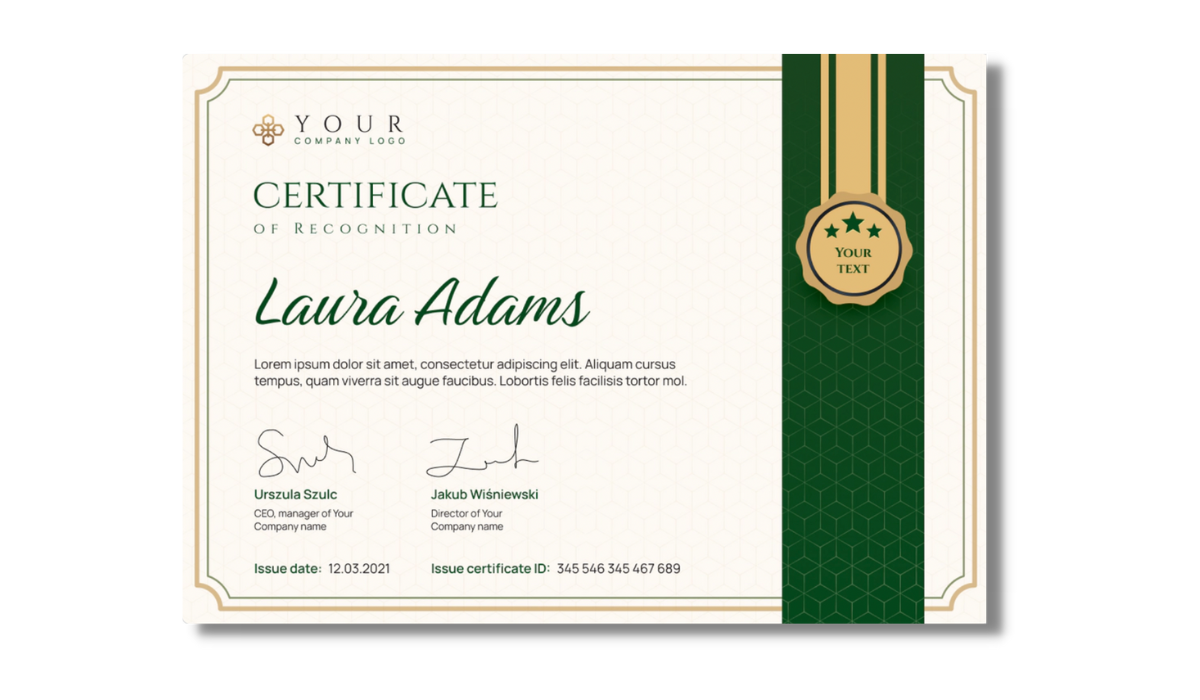 Green college-styled certificate of recognition template from Certifier certificate templates library. Green college-styled certificate of recognition template from Certifier certificate templates library.