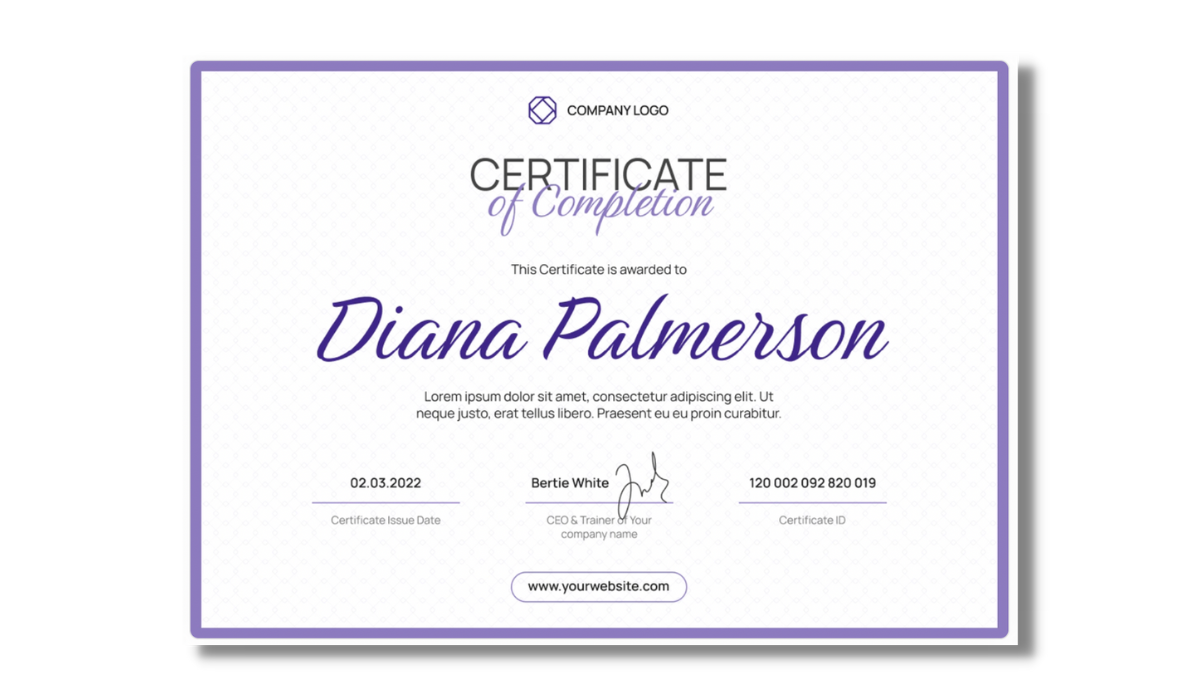 Simple violet certificate of completion template from Certifier certificate templates library. Simple violet certificate of completion template from Certifier certificate templates library.