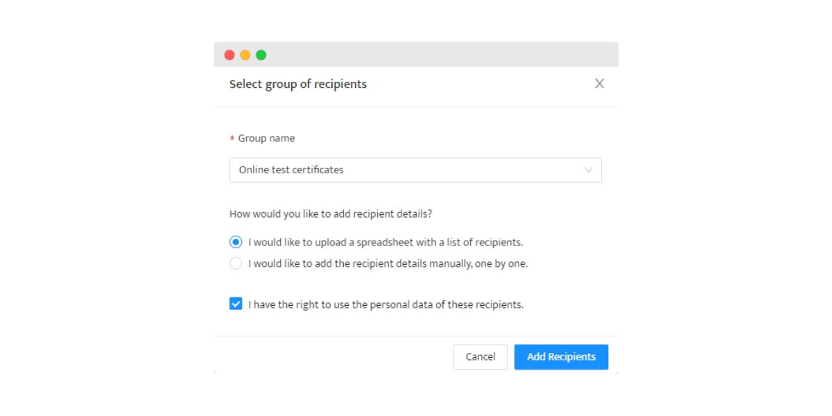 Creating group of recipients in Certifier to send online test certificates in bulk. Creating group of recipients in Certifier to send online test certificates in bulk.