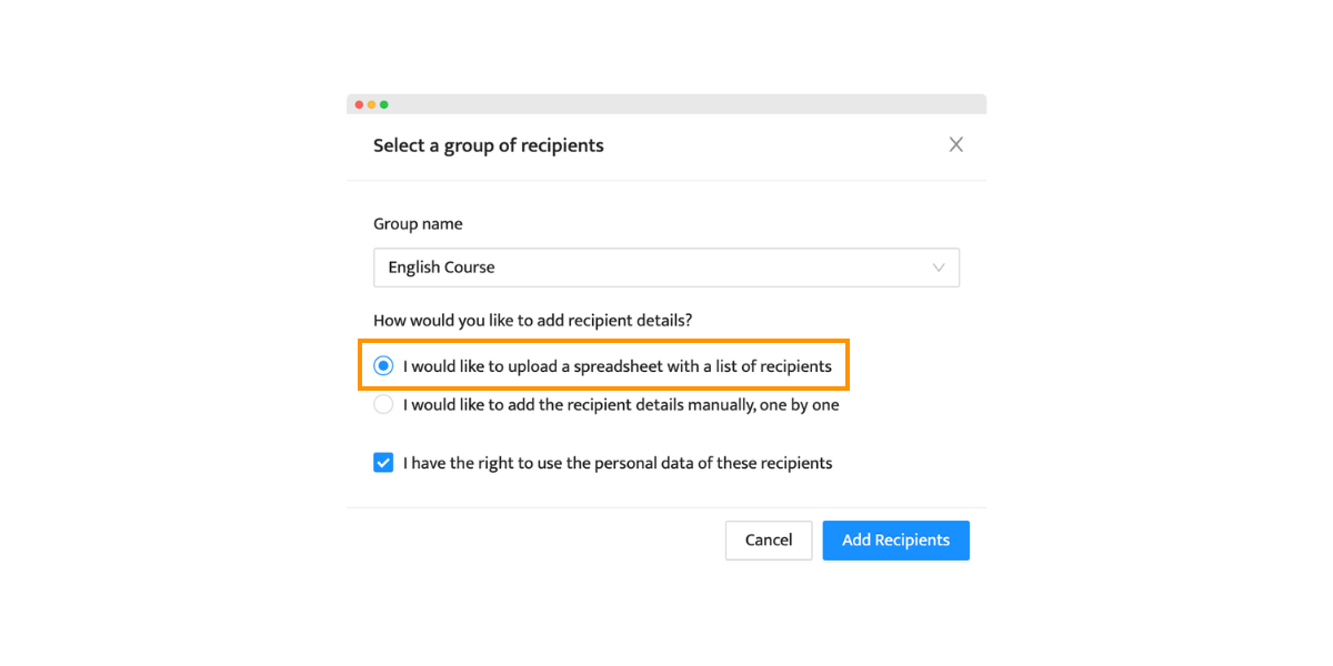 Selecting a group of recipients in Certifier. Selecting a group of recipients in Certifier.